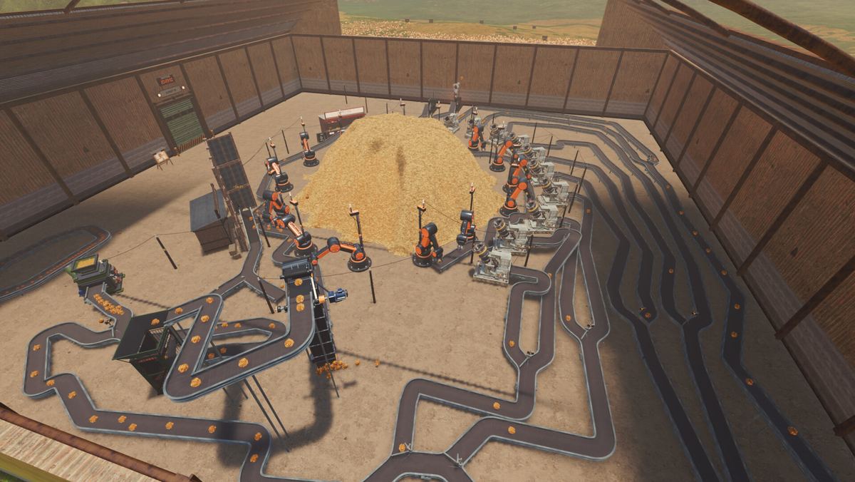 A yard full of conveyor belts and robot arms working around the haystack